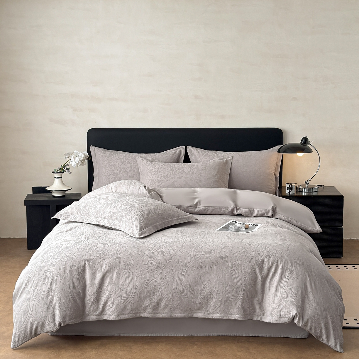 91家纺网 家纺一手货源 找家纺 慕尚家纺 2026新款A类60支长绒棉纯棉提花贡缎大提花光泽绸缎感四件套 马上有乾灰