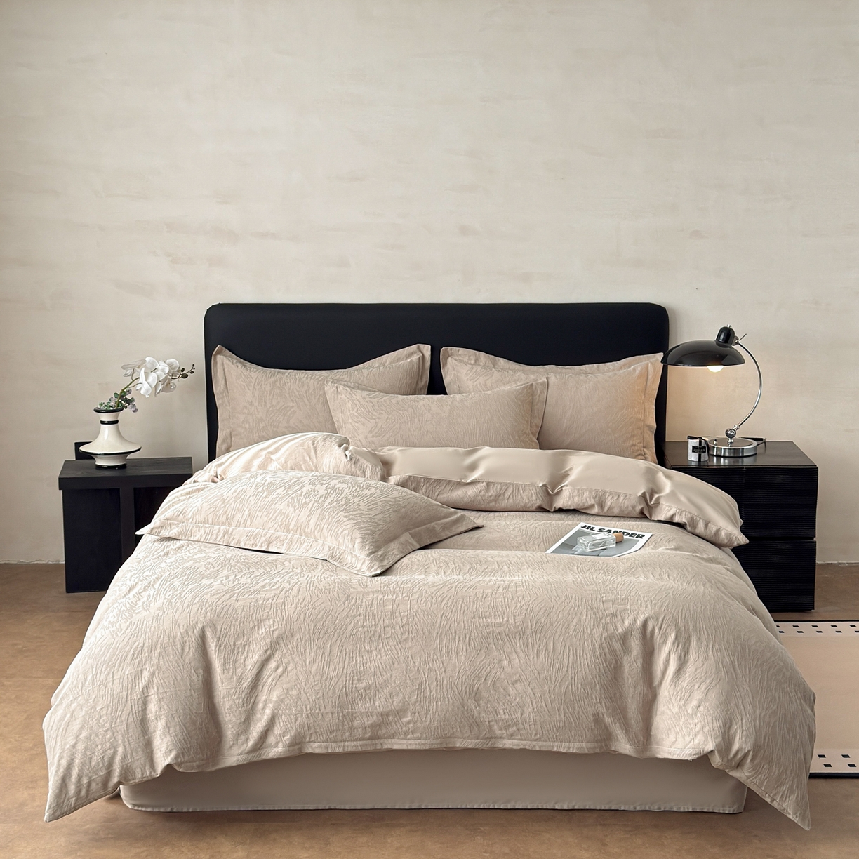 91家纺网 家纺一手货源 找家纺 慕尚家纺 2026新款A类60支长绒棉纯棉提花贡缎大提花光泽绸缎感四件套 如意卡其