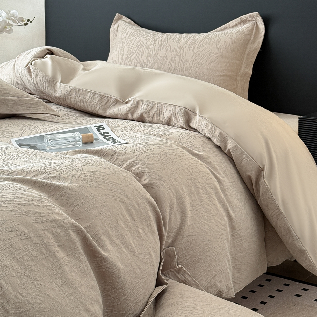 91家纺网 家纺一手货源 找家纺 慕尚家纺 2026新款A类60支长绒棉纯棉提花贡缎大提花光泽绸缎感四件套 如意卡其