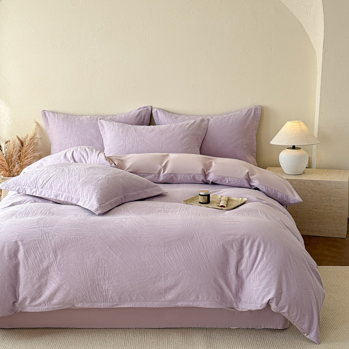 91家纺网 家纺一手货源 找家纺 慕尚家纺 2026新款A类60支长绒棉纯棉提花贡缎大提花光泽绸缎感四件套 雅意紫