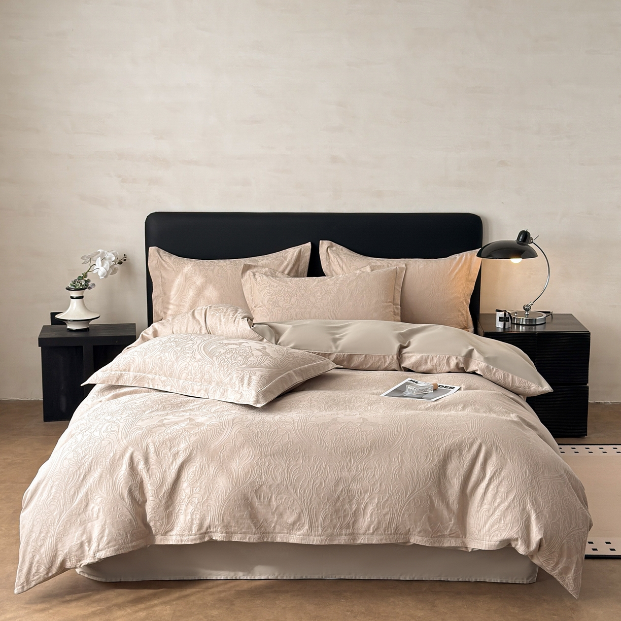 91家纺网 家纺一手货源 找家纺 慕尚家纺 2026新款A类60支长绒棉纯棉提花贡缎大提花光泽绸缎感四件套 马上有乾卡其