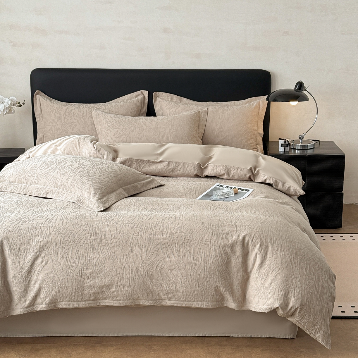 91家纺网 家纺一手货源 找家纺 慕尚家纺 2026新款A类60支长绒棉纯棉提花贡缎大提花光泽绸缎感四件套 如意卡其