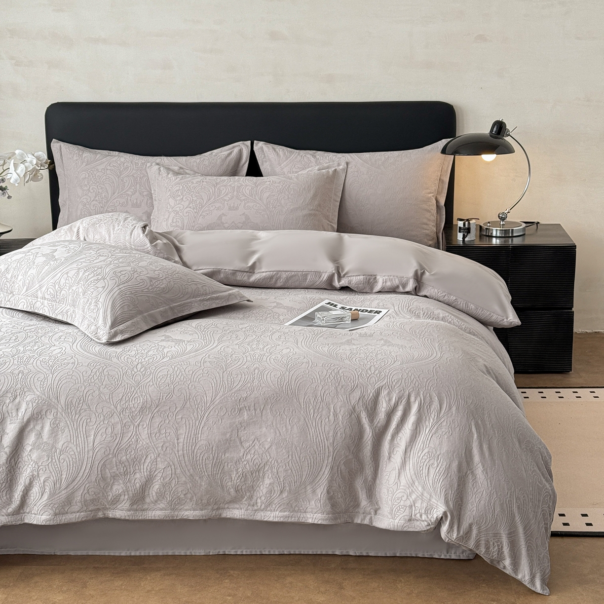 91家纺网 家纺一手货源 找家纺 慕尚家纺 2026新款A类60支长绒棉纯棉提花贡缎大提花光泽绸缎感四件套 马上有乾灰