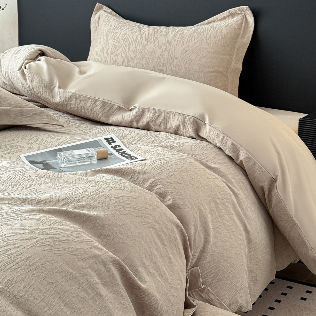 91家纺网 家纺一手货源 找家纺 慕尚家纺 2026新款A类60支长绒棉纯棉提花贡缎大提花光泽绸缎感四件套 如意卡其