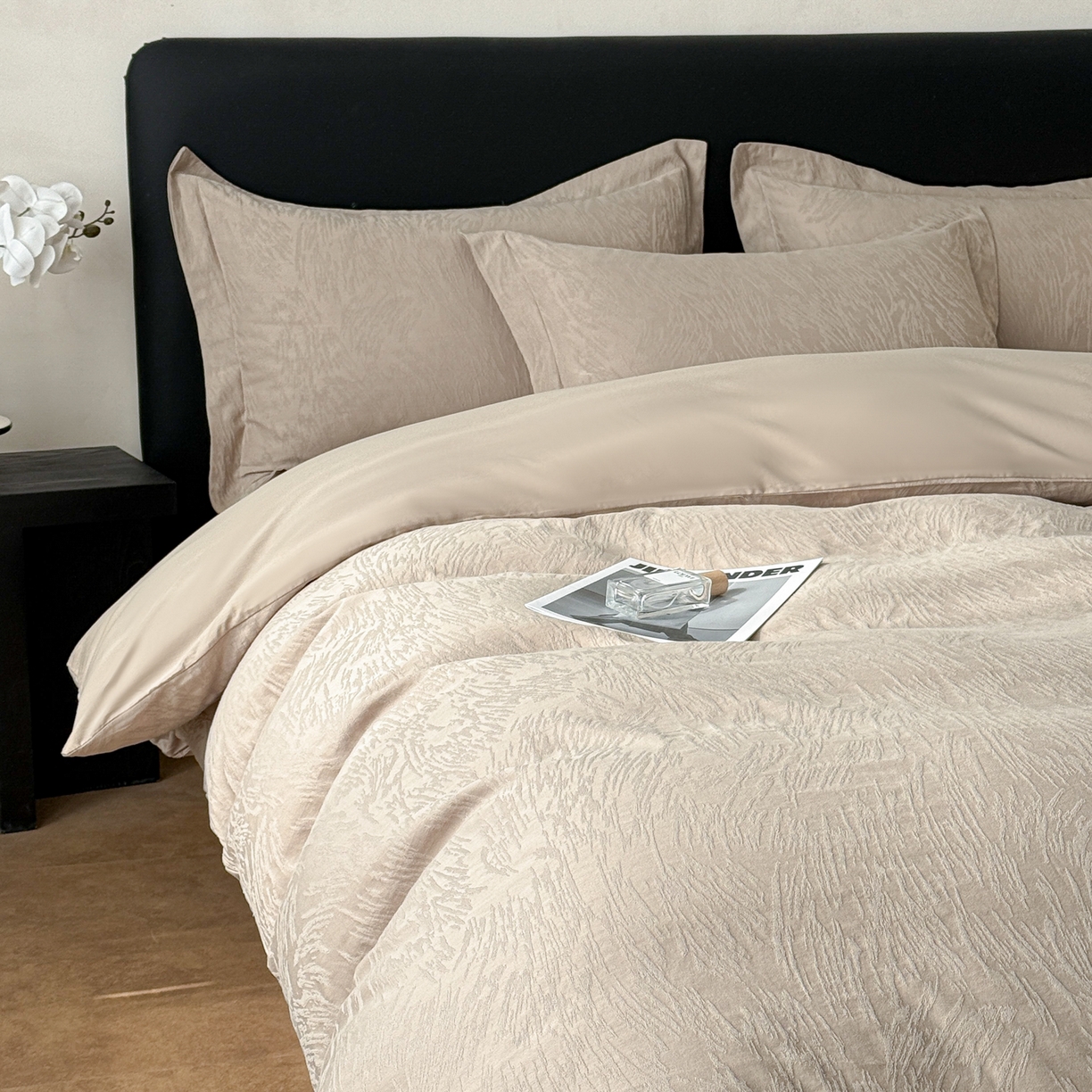 91家纺网 家纺一手货源 找家纺 慕尚家纺 2026新款A类60支长绒棉纯棉提花贡缎大提花光泽绸缎感四件套 如意卡其