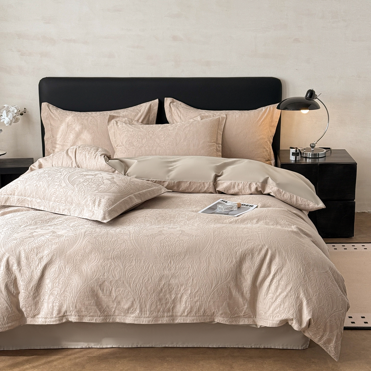 91家纺网 家纺一手货源 找家纺 慕尚家纺 2026新款A类60支长绒棉纯棉提花贡缎大提花光泽绸缎感四件套 马上有乾卡其