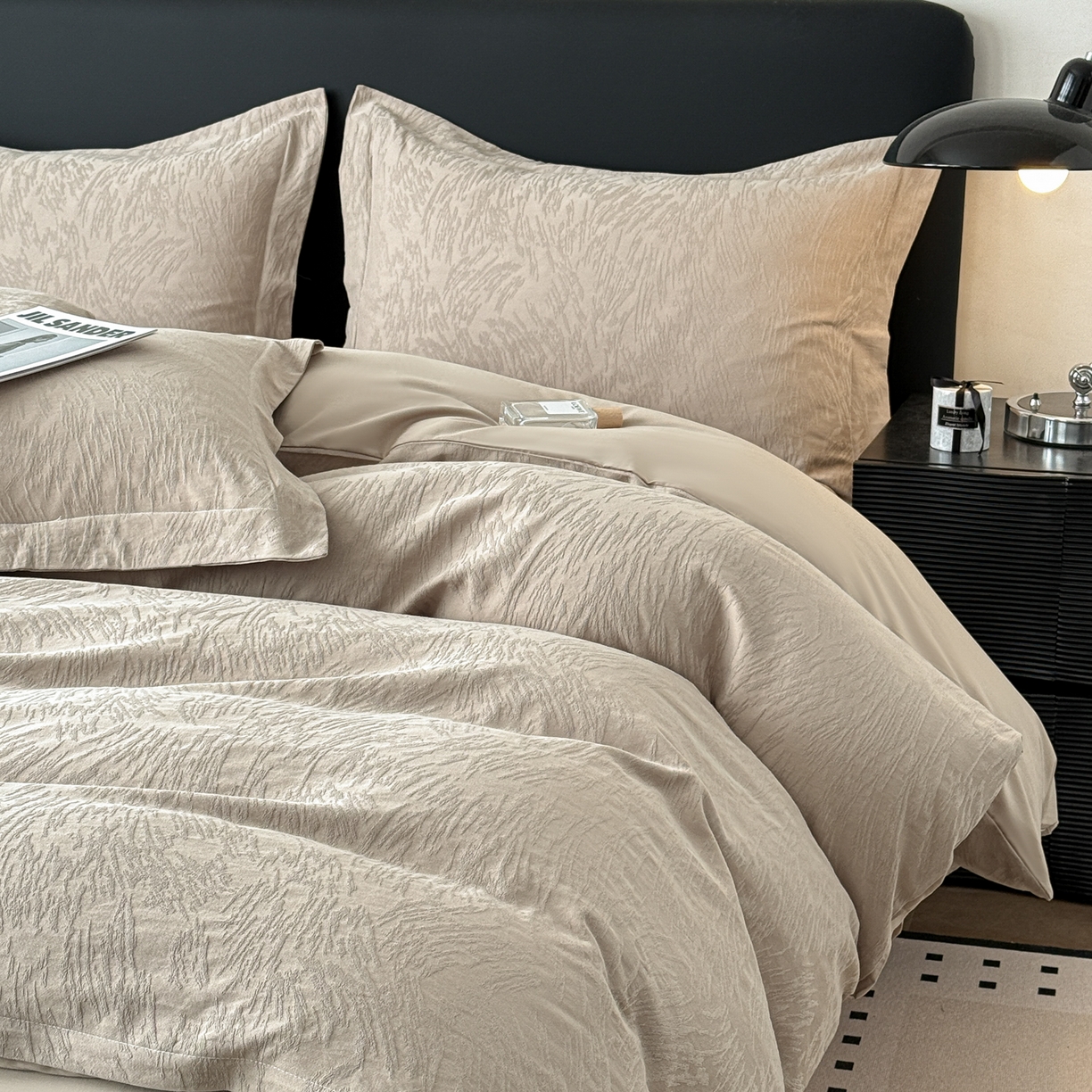 91家纺网 家纺一手货源 找家纺 慕尚家纺 2026新款A类60支长绒棉纯棉提花贡缎大提花光泽绸缎感四件套 如意卡其