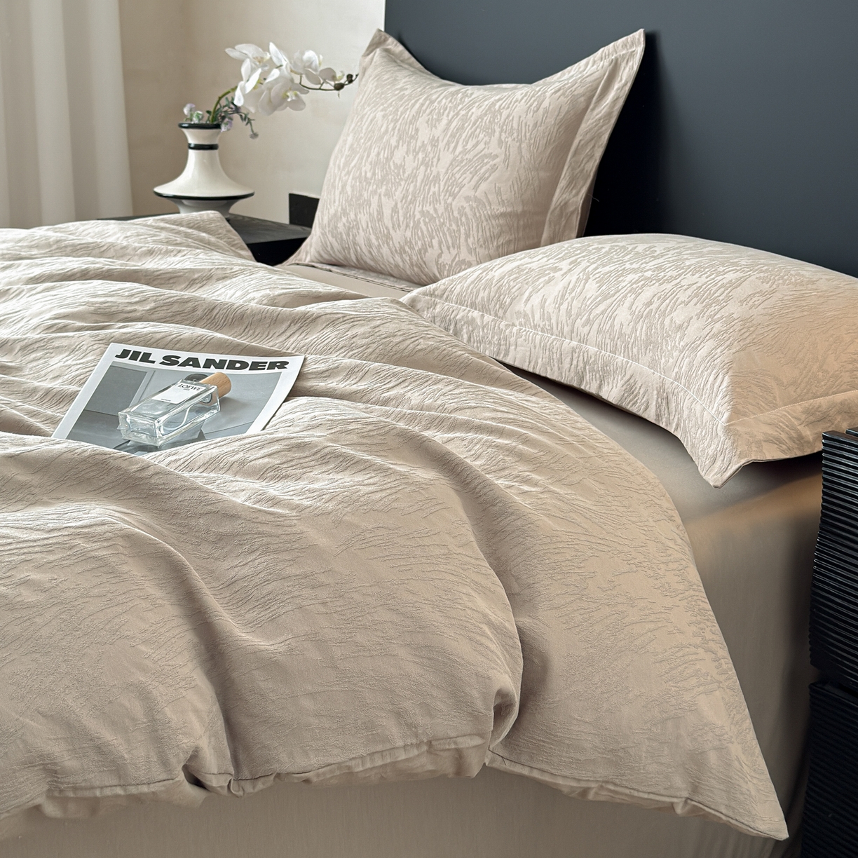 91家纺网 家纺一手货源 找家纺 慕尚家纺 2026新款A类60支长绒棉纯棉提花贡缎大提花光泽绸缎感四件套 如意卡其