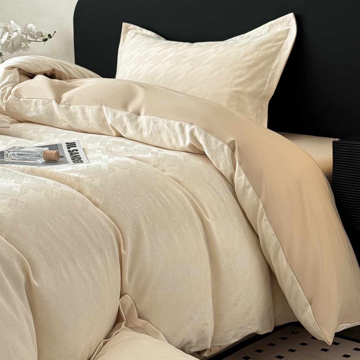 91家纺网 家纺一手货源 找家纺 慕尚家纺 2026新款A类60支长绒棉纯棉提花贡缎大提花光泽绸缎感四件套 肌理米