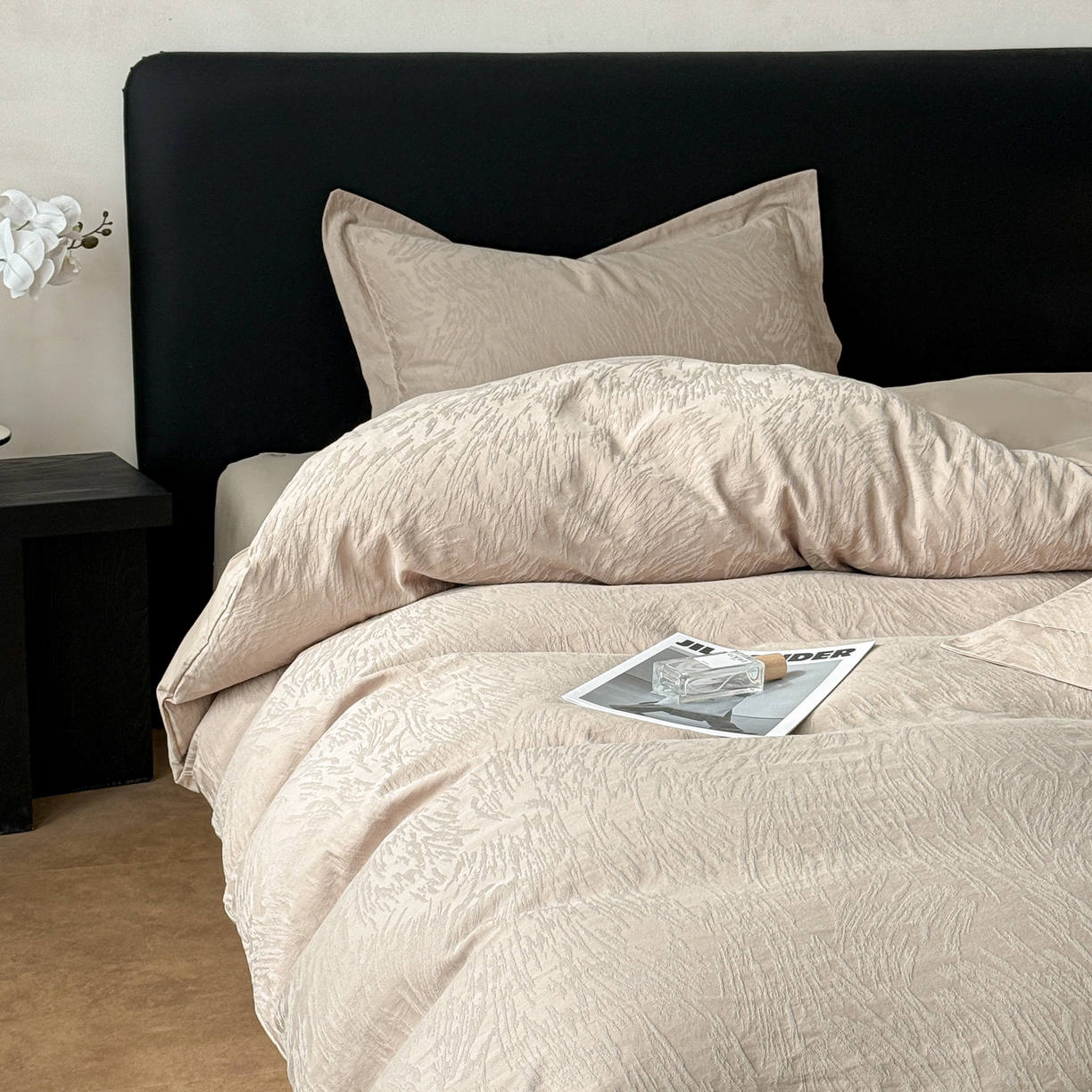 91家纺网 家纺一手货源 找家纺 慕尚家纺 2026新款A类60支长绒棉纯棉提花贡缎大提花光泽绸缎感四件套 如意卡其