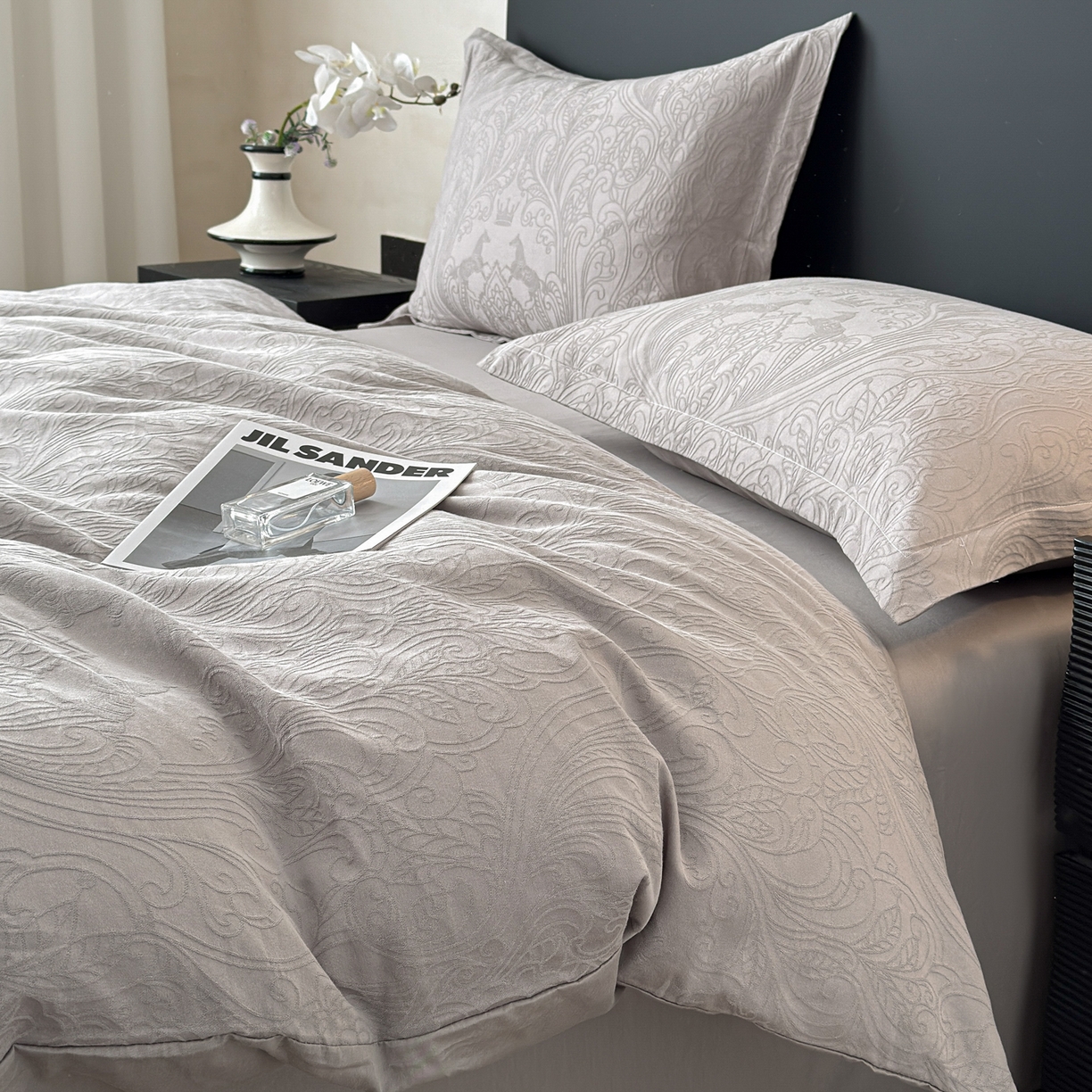 91家纺网 家纺一手货源 找家纺 慕尚家纺 2026新款A类60支长绒棉纯棉提花贡缎大提花光泽绸缎感四件套 马上有乾灰