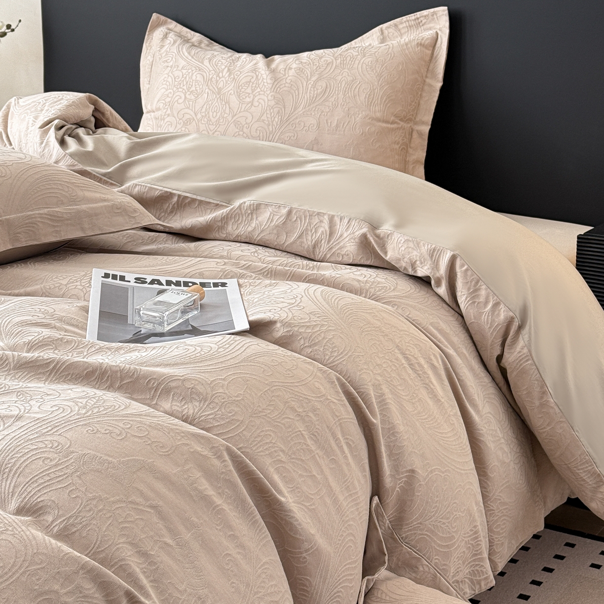 91家纺网 家纺一手货源 找家纺 慕尚家纺 2026新款A类60支长绒棉纯棉提花贡缎大提花光泽绸缎感四件套 马上有乾卡其