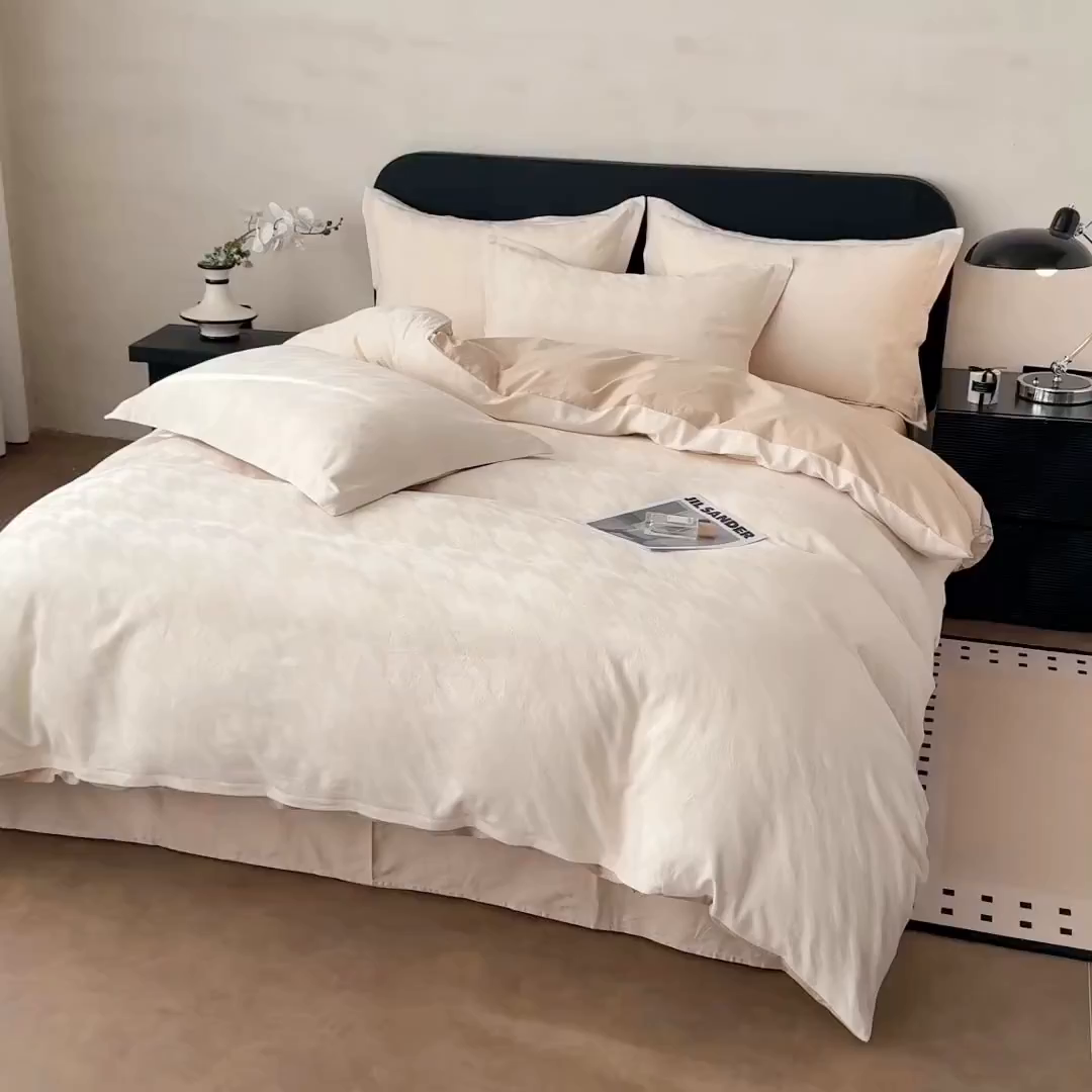 91家纺网 家纺一手货源 找家纺 慕尚家纺 2026新款A类60支长绒棉纯棉提花贡缎大提花光泽绸缎感四件套 肌理米