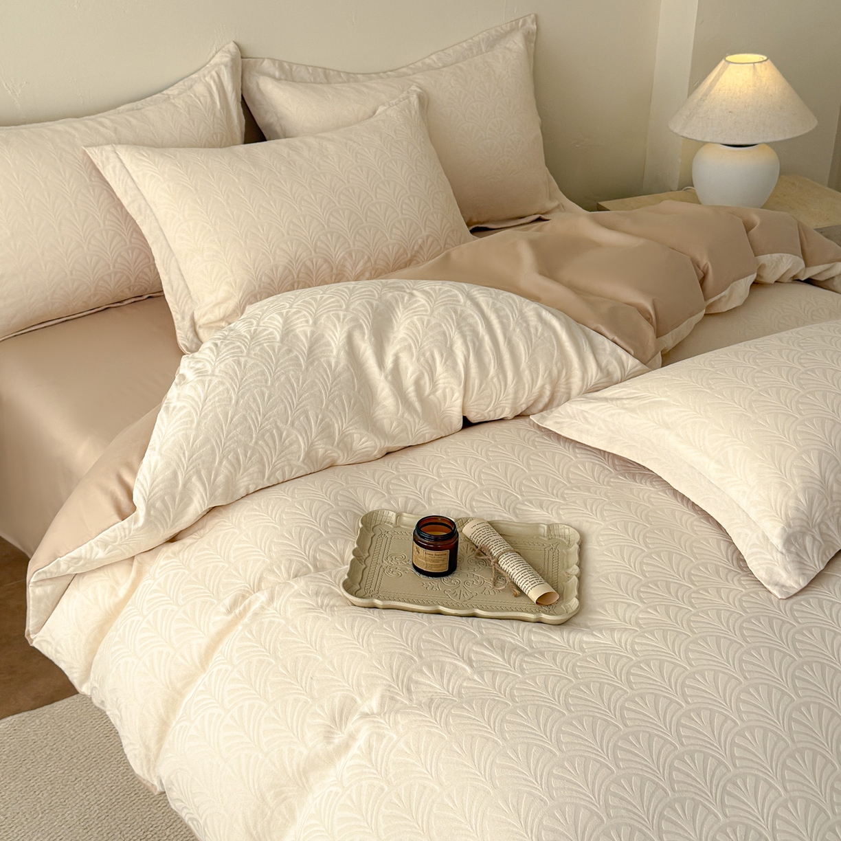 91家纺网 家纺一手货源 找家纺 慕尚家纺 2026新款A类60支长绒棉纯棉提花贡缎大提花光泽绸缎感四件套 扇形米