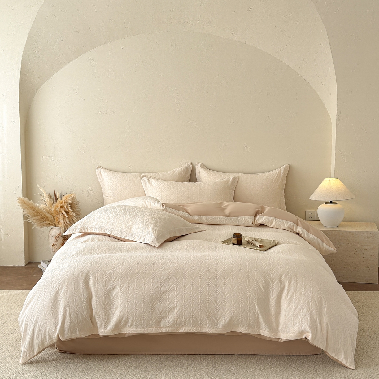 91家纺网 家纺一手货源 找家纺 慕尚家纺 2026新款A类60支长绒棉纯棉提花贡缎大提花光泽绸缎感四件套 扇形米