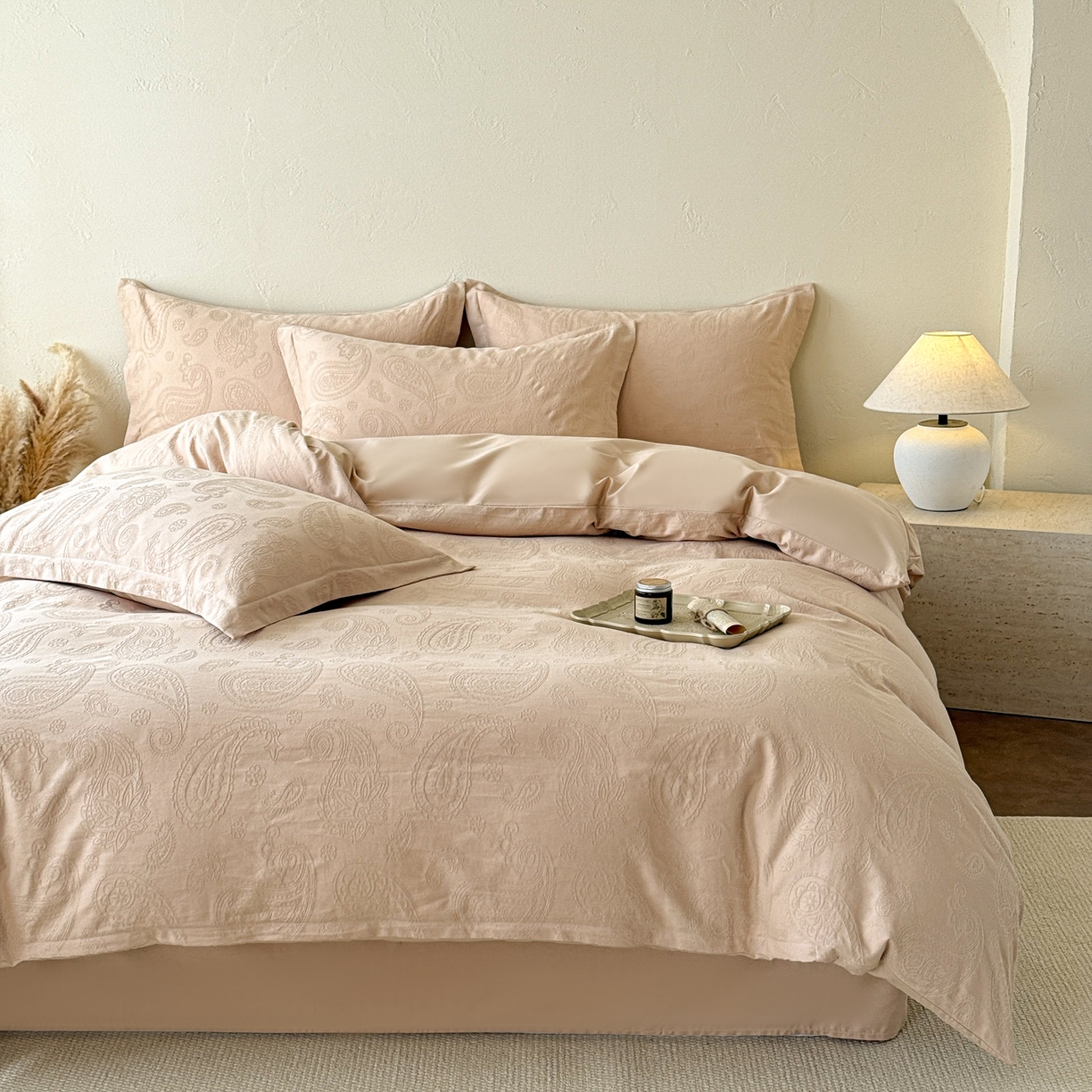 91家纺网 家纺一手货源 找家纺 慕尚家纺 2026新款A类60支长绒棉纯棉提花贡缎大提花光泽绸缎感四件套 欧拉米黄