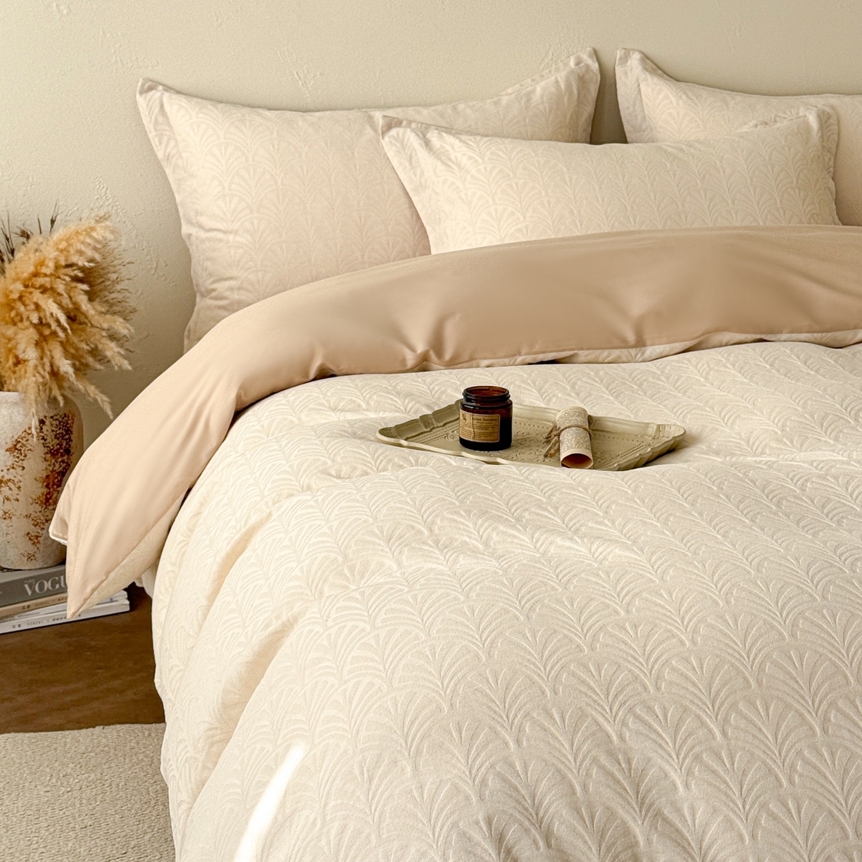 91家纺网 家纺一手货源 找家纺 慕尚家纺 2026新款A类60支长绒棉纯棉提花贡缎大提花光泽绸缎感四件套 扇形米