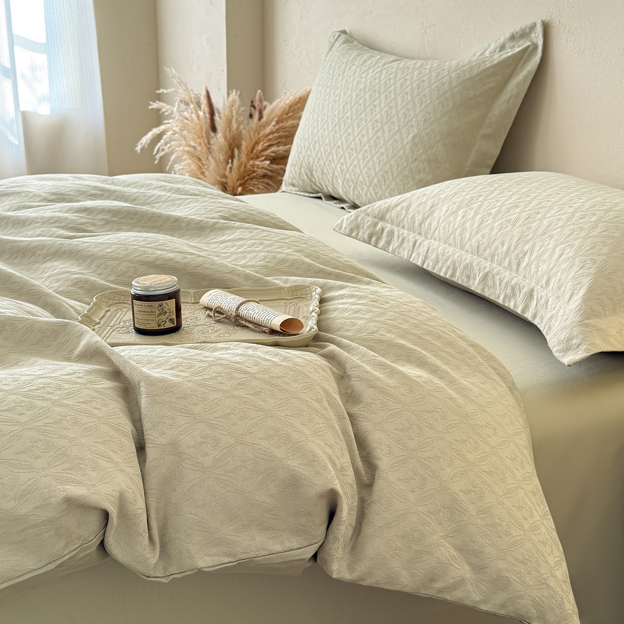 91家纺网 家纺一手货源 找家纺 慕尚家纺 2026新款A类60支长绒棉纯棉提花贡缎大提花光泽绸缎感四件套 陌上花开绿