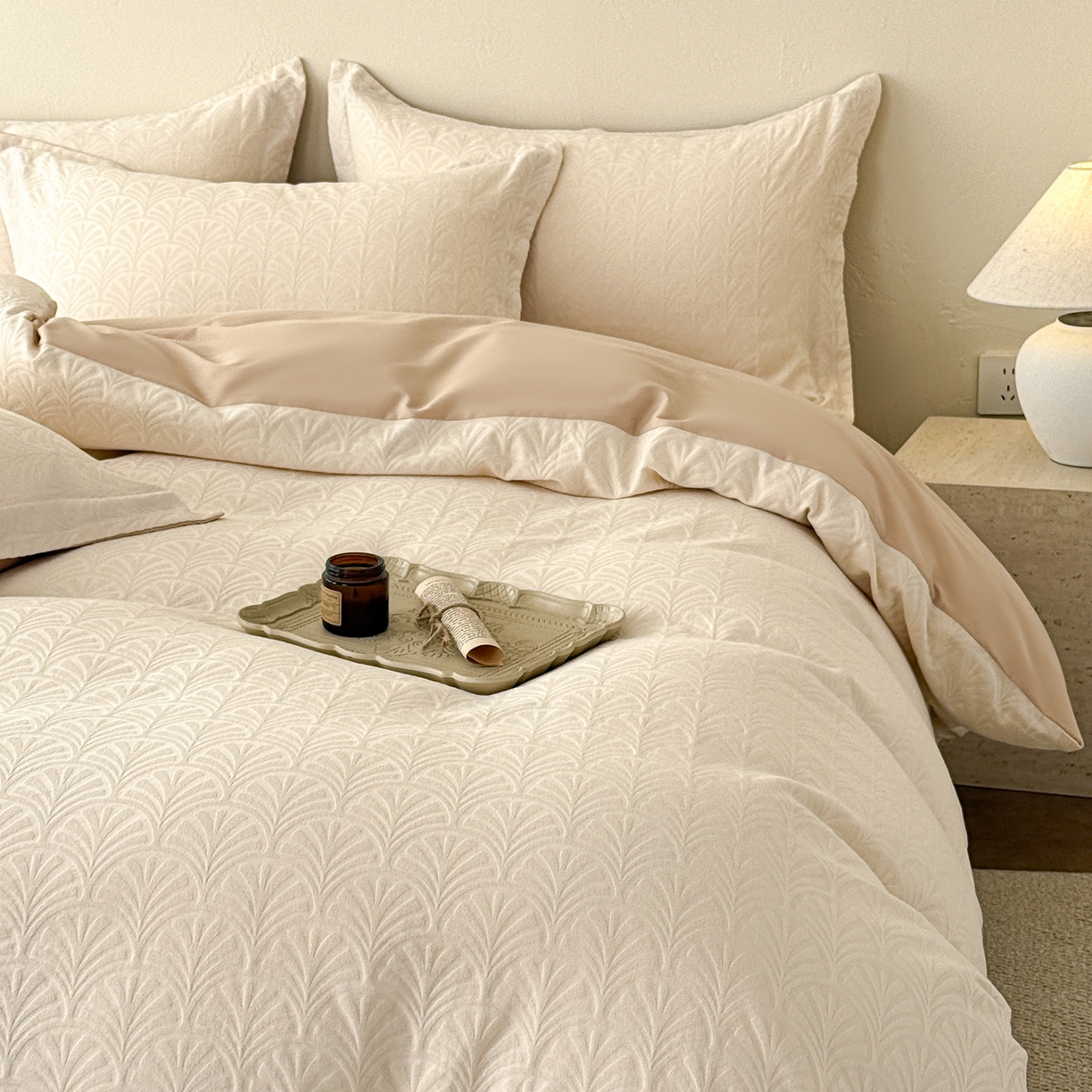 91家纺网 家纺一手货源 找家纺 慕尚家纺 2026新款A类60支长绒棉纯棉提花贡缎大提花光泽绸缎感四件套 扇形米