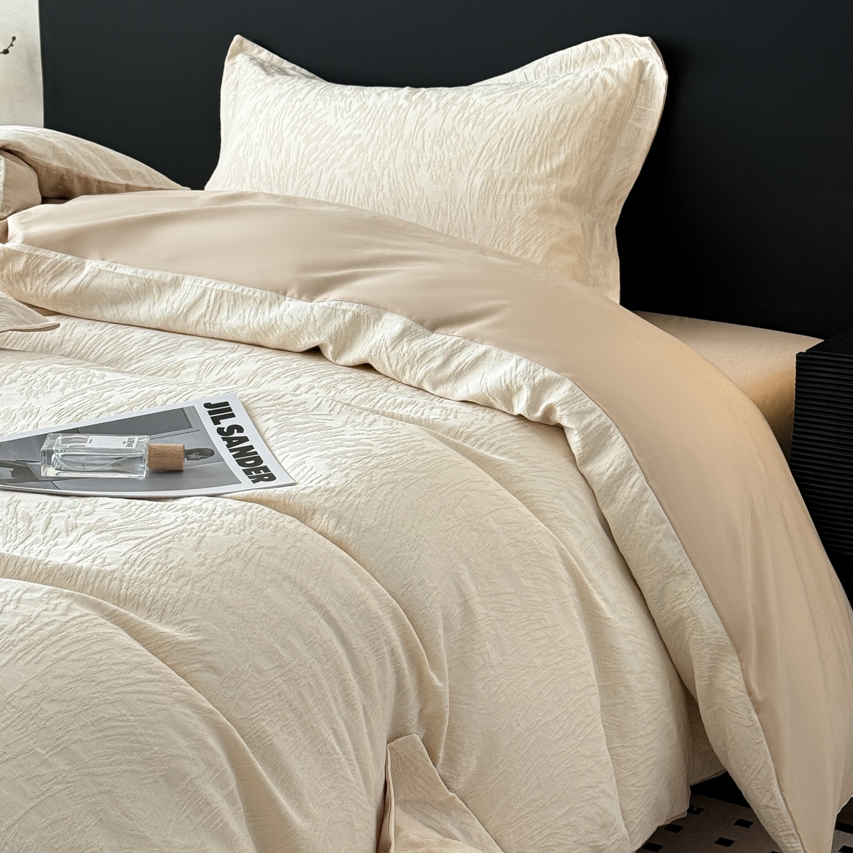 91家纺网 家纺一手货源 找家纺 慕尚家纺 2026新款A类60支长绒棉纯棉提花贡缎大提花光泽绸缎感四件套 摩登米