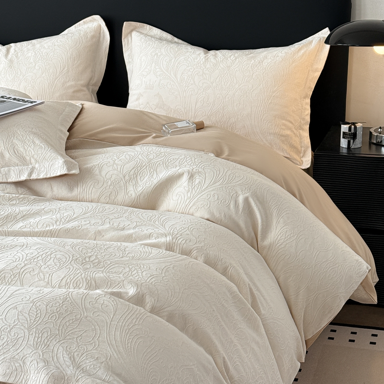 91家纺网 家纺一手货源 找家纺 慕尚家纺 2026新款A类60支长绒棉纯棉提花贡缎大提花光泽绸缎感四件套 罗莎米