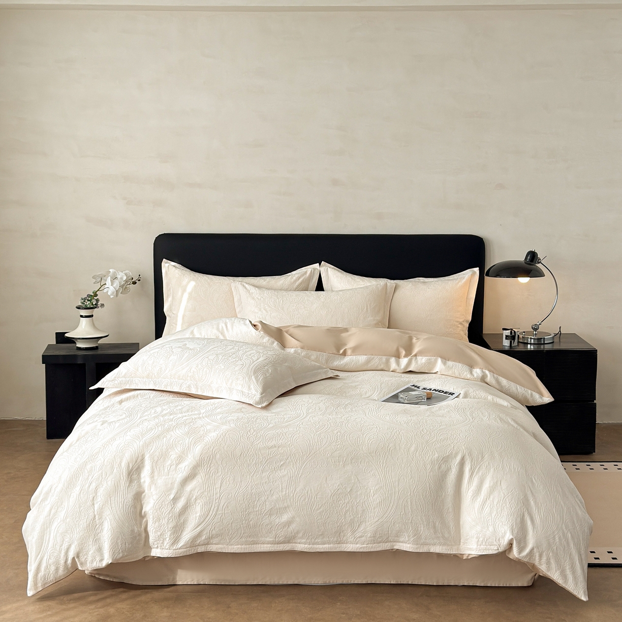 91家纺网 家纺一手货源 找家纺 慕尚家纺 2026新款A类60支长绒棉纯棉提花贡缎大提花光泽绸缎感四件套 罗莎米