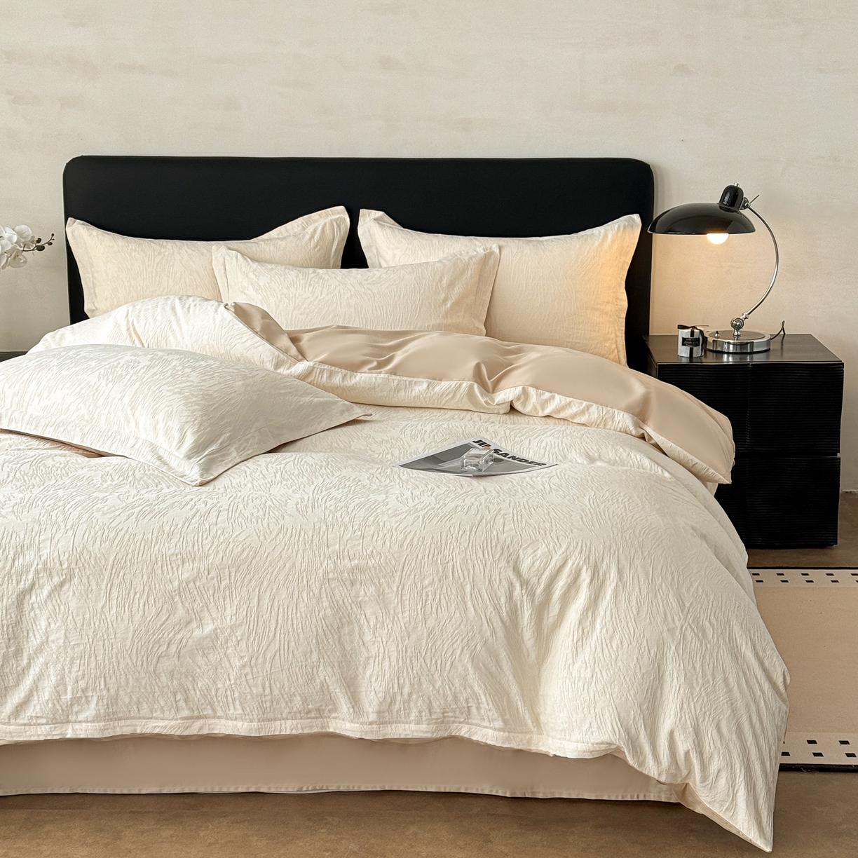 91家纺网 家纺一手货源 找家纺 慕尚家纺 2026新款A类60支长绒棉纯棉提花贡缎大提花光泽绸缎感四件套 摩登米