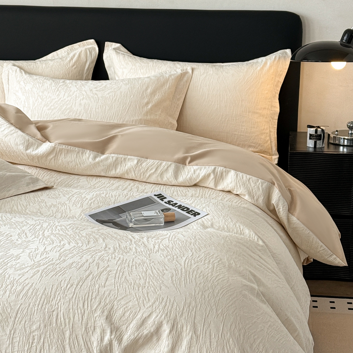 91家纺网 家纺一手货源 找家纺 慕尚家纺 2026新款A类60支长绒棉纯棉提花贡缎大提花光泽绸缎感四件套 摩登米