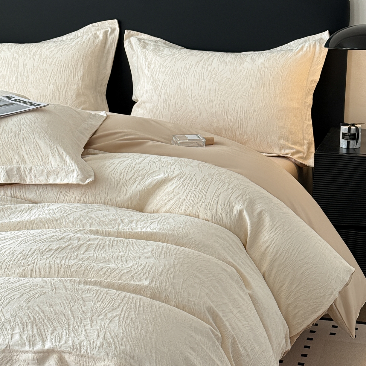 91家纺网 家纺一手货源 找家纺 慕尚家纺 2026新款A类60支长绒棉纯棉提花贡缎大提花光泽绸缎感四件套 摩登米