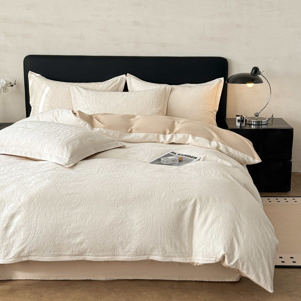 91家纺网 家纺一手货源 找家纺 慕尚家纺 2026新款A类60支长绒棉纯棉提花贡缎大提花光泽绸缎感四件套 罗莎米