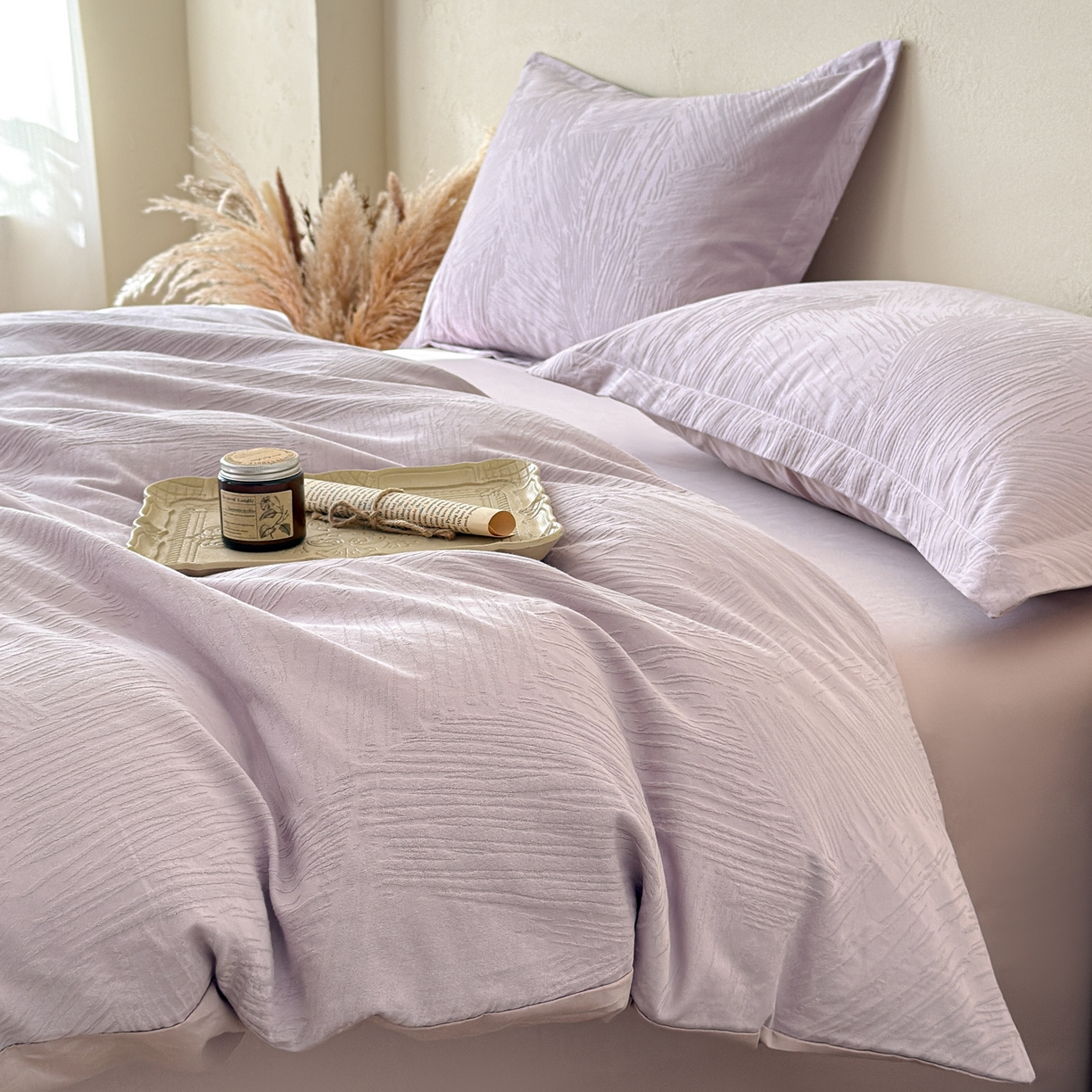 91家纺网 家纺一手货源 找家纺 慕尚家纺 2026新款A类60支长绒棉纯棉提花贡缎大提花光泽绸缎感四件套 雅意紫