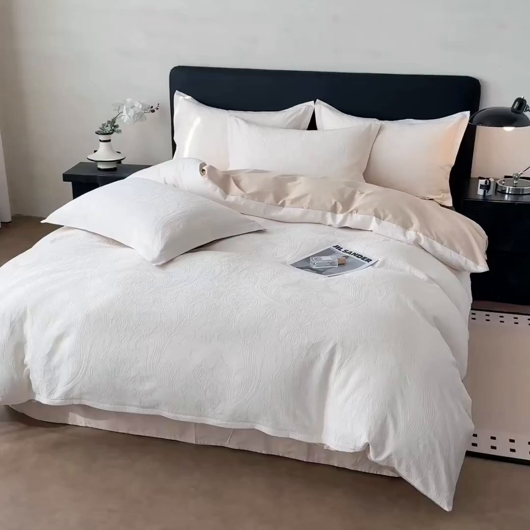 91家纺网 家纺一手货源 找家纺 慕尚家纺 2026新款A类60支长绒棉纯棉提花贡缎大提花光泽绸缎感四件套 罗莎米