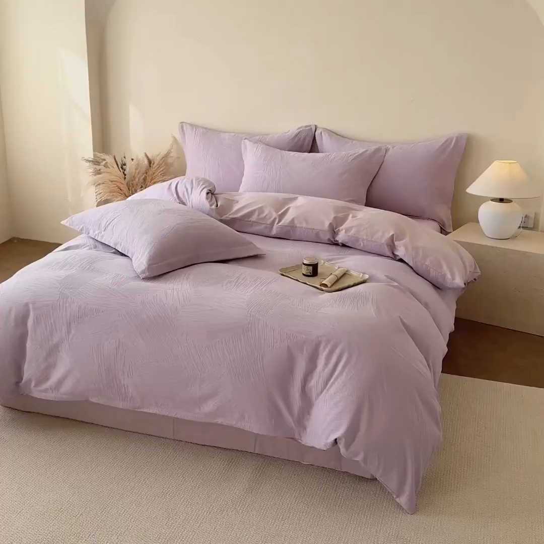 91家纺网 家纺一手货源 找家纺 慕尚家纺 2026新款A类60支长绒棉纯棉提花贡缎大提花光泽绸缎感四件套 雅意紫