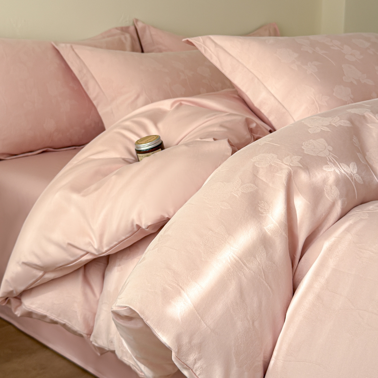 慕尚家纺 2026新款A类60支长绒棉纯棉提花贡缎大提花光泽绸缎感四件套 银杏粉
