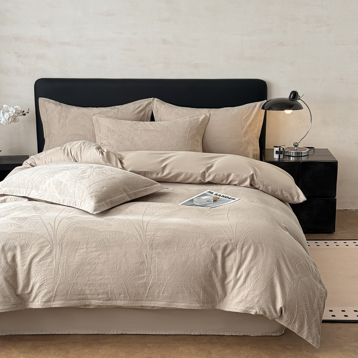 91家纺网 家纺一手货源 找家纺 慕尚家纺 2026新款A类60支长绒棉纯棉提花贡缎大提花光泽绸缎感四件套 树叶卡其