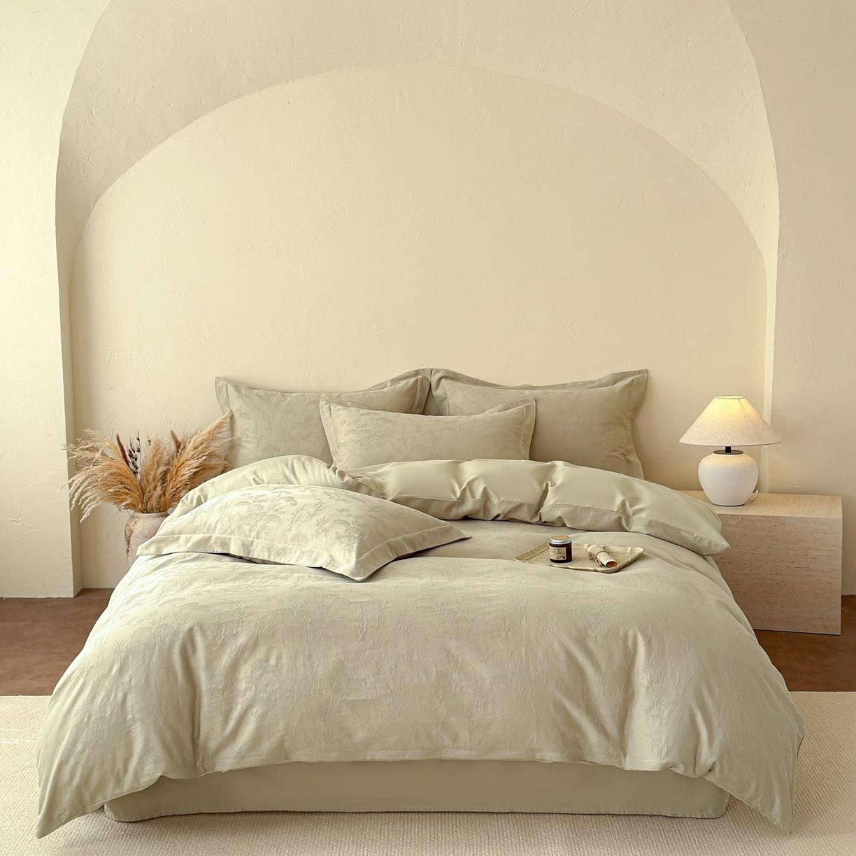 91家纺网 家纺一手货源 找家纺 慕尚家纺 2026新款A类60支长绒棉纯棉提花贡缎大提花光泽绸缎感四件套 花非花绿