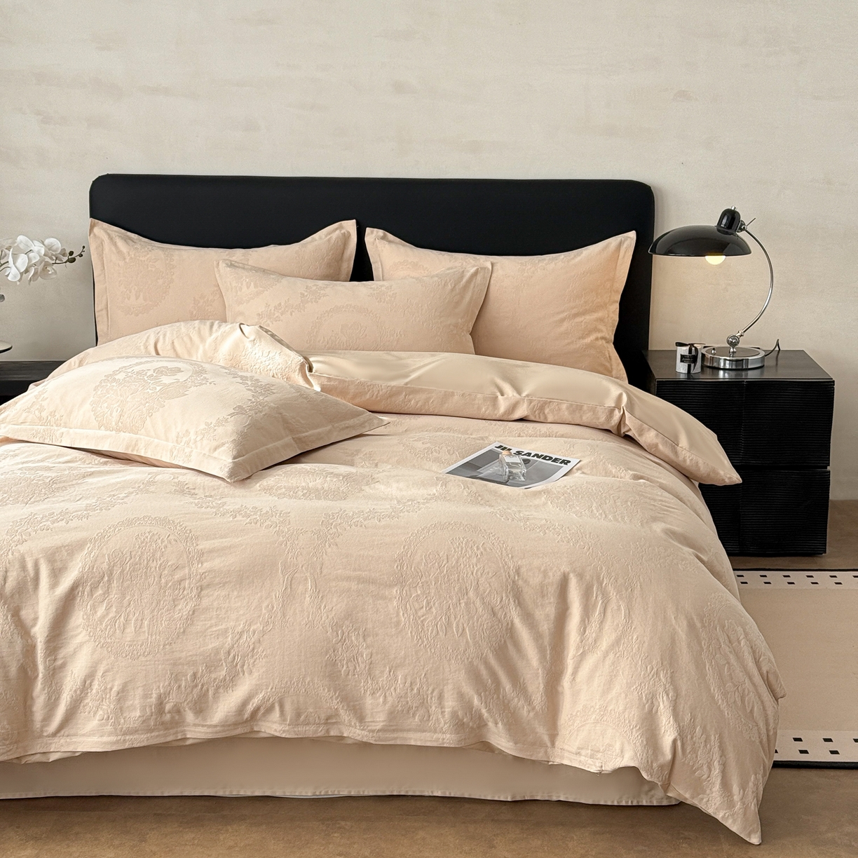 91家纺网 家纺一手货源 找家纺 慕尚家纺 2026新款A类60支长绒棉纯棉提花贡缎大提花光泽绸缎感四件套 萨拉卡其