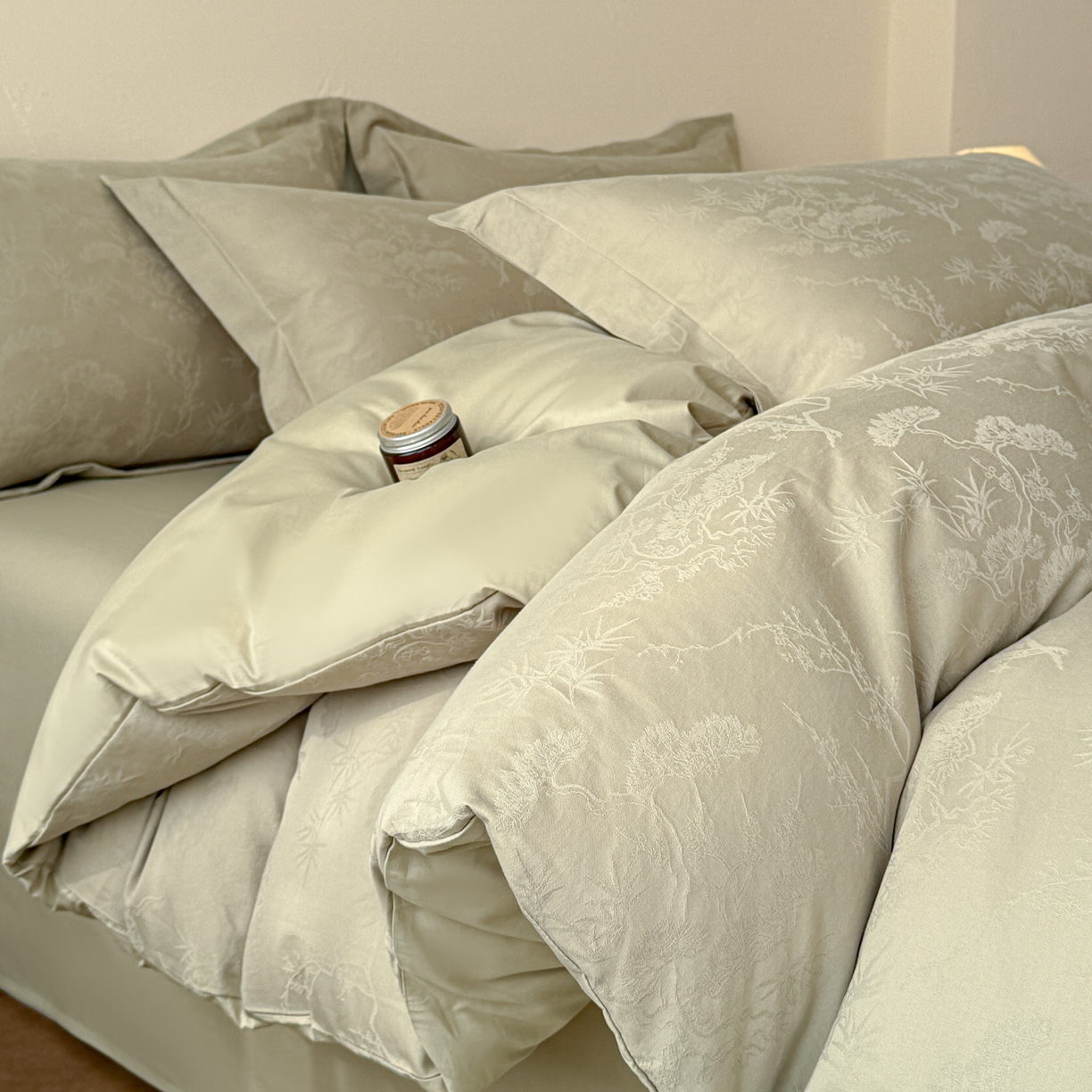 慕尚家纺 2026新款A类60支长绒棉纯棉提花贡缎大提花光泽绸缎感四件套 花非花绿