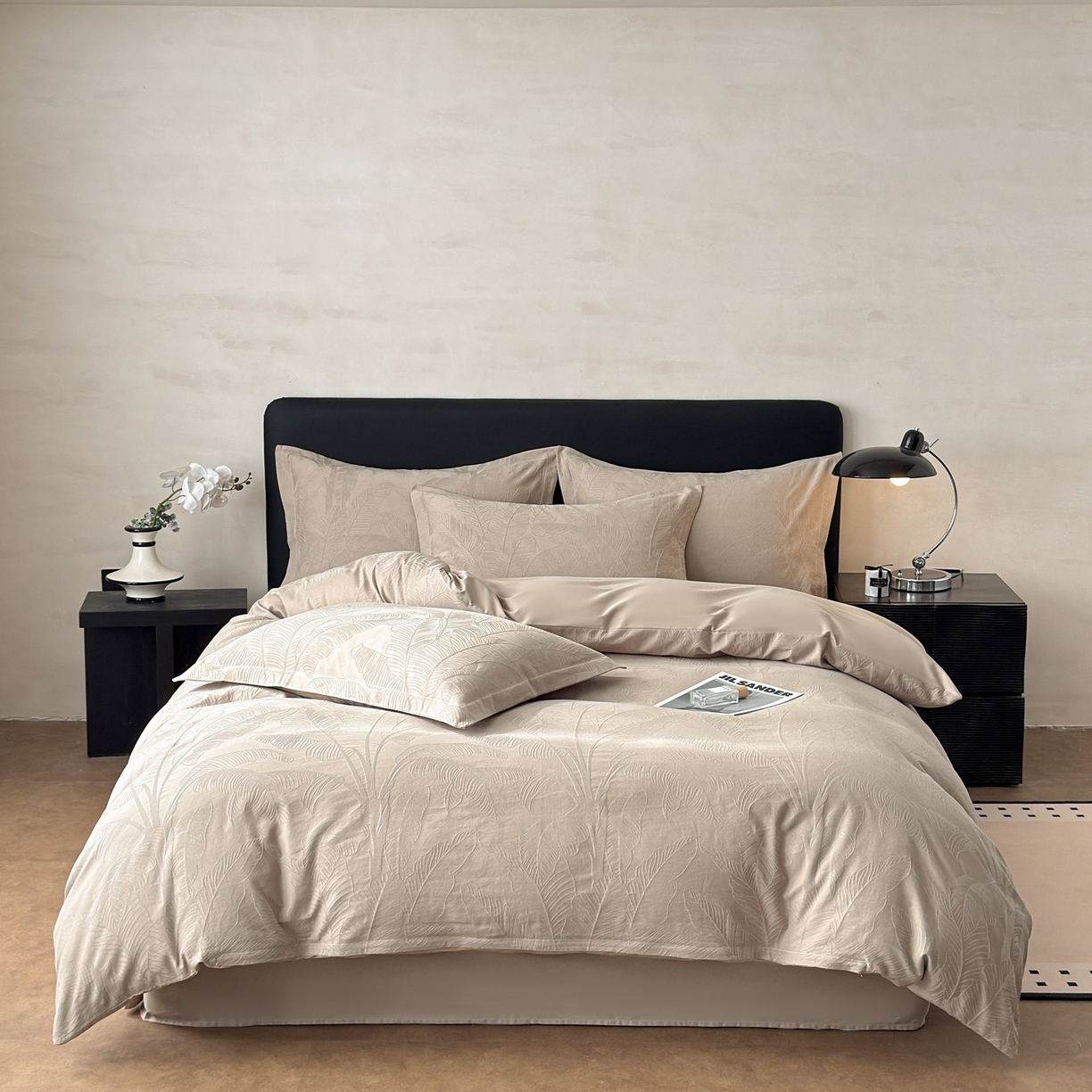 91家纺网 家纺一手货源 找家纺 慕尚家纺 2026新款A类60支长绒棉纯棉提花贡缎大提花光泽绸缎感四件套 树叶卡其