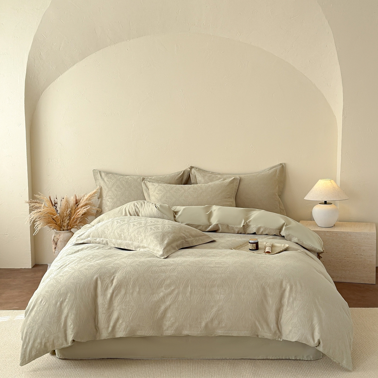 91家纺网 家纺一手货源 找家纺 慕尚家纺 2026新款A类60支长绒棉纯棉提花贡缎大提花光泽绸缎感四件套 玫瑰花绿