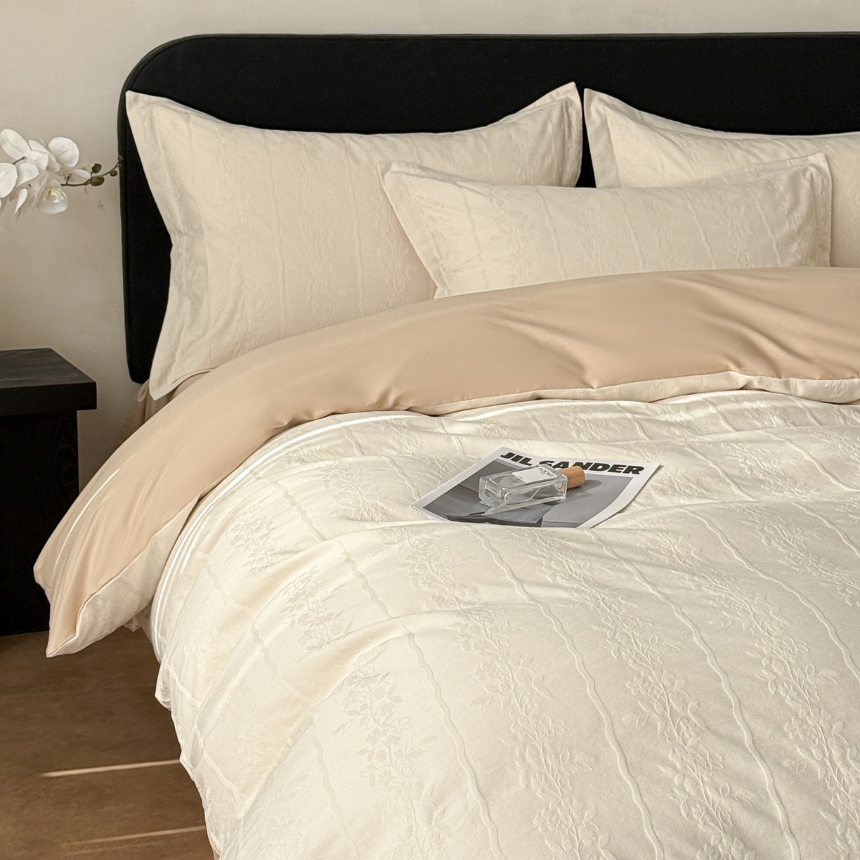 91家纺网 家纺一手货源 找家纺 慕尚家纺 2026新款A类60支长绒棉纯棉提花贡缎大提花光泽绸缎感四件套 花蔓米