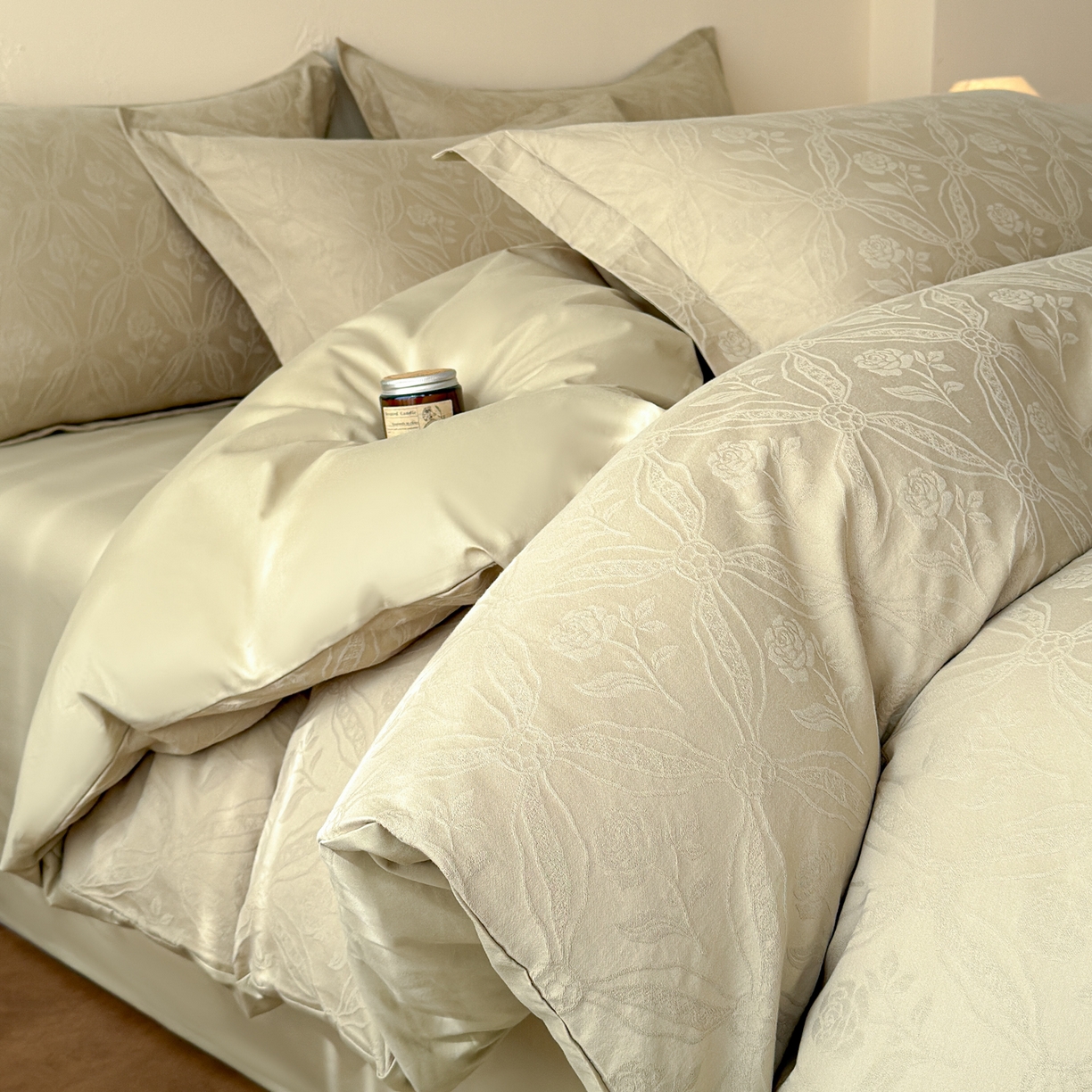 慕尚家纺 2026新款A类60支长绒棉纯棉提花贡缎大提花光泽绸缎感四件套 玫瑰花绿