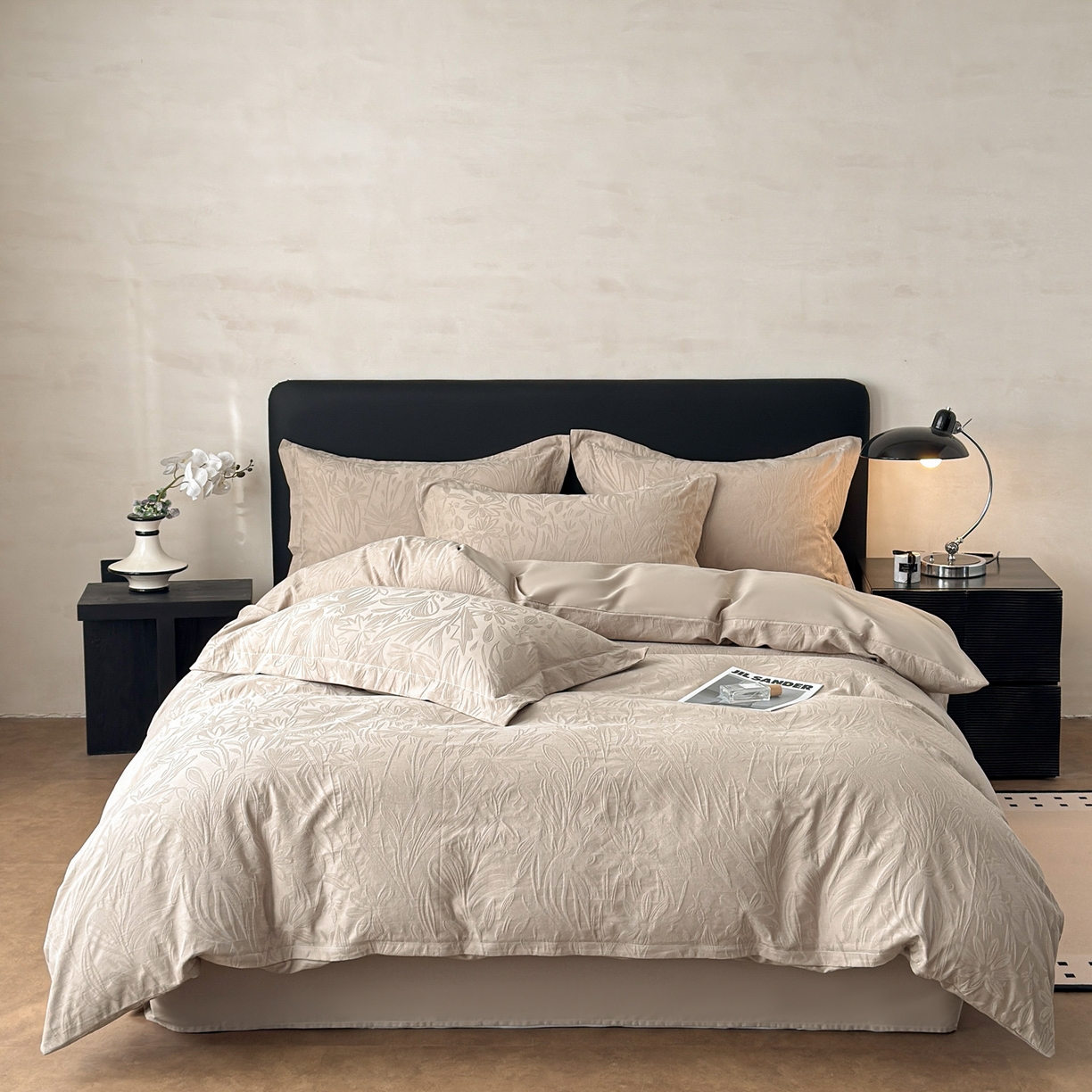 91家纺网 家纺一手货源 找家纺 慕尚家纺 2026新款A类60支长绒棉纯棉提花贡缎大提花光泽绸缎感四件套 马玲草卡其