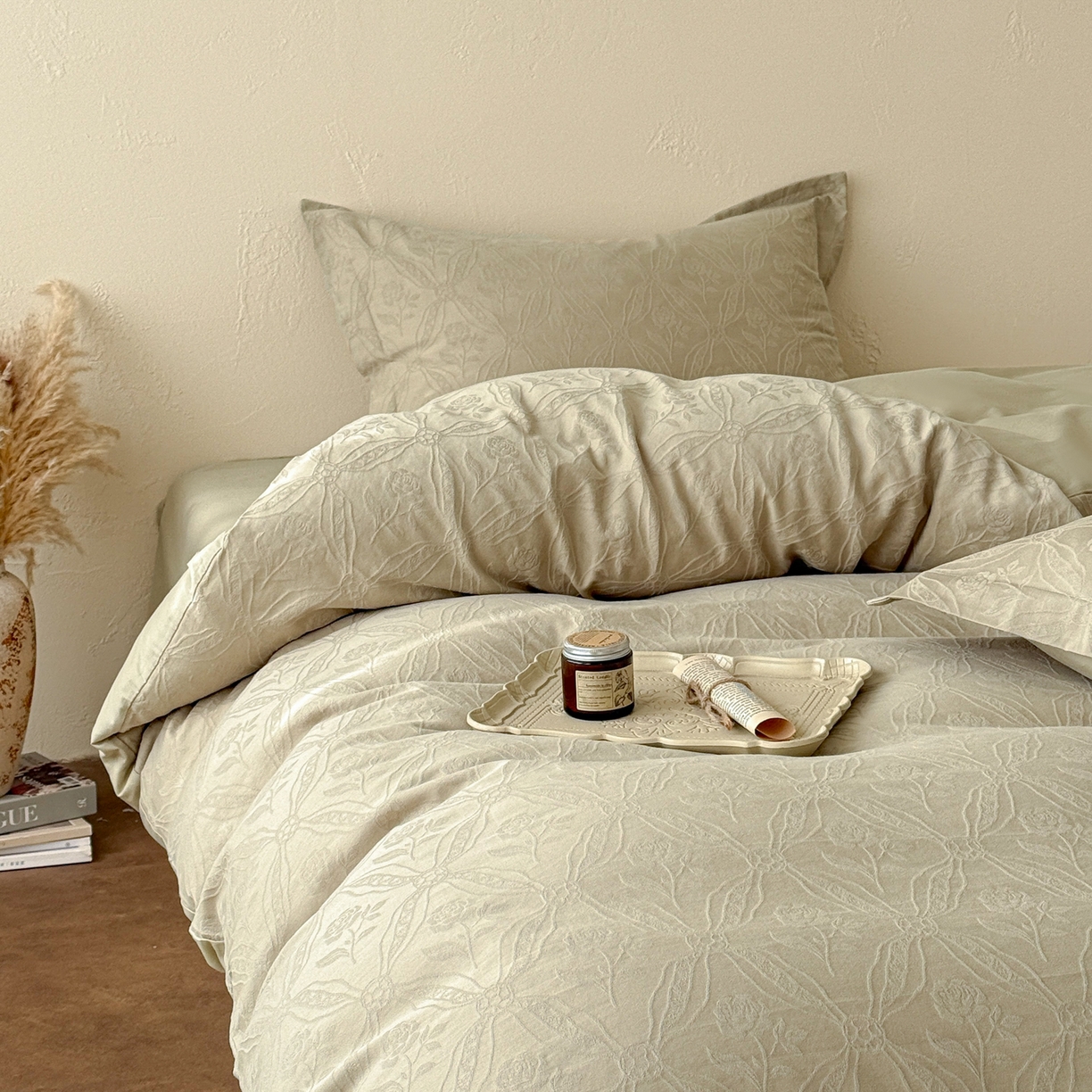 91家纺网 家纺一手货源 找家纺 慕尚家纺 2026新款A类60支长绒棉纯棉提花贡缎大提花光泽绸缎感四件套 玫瑰花绿