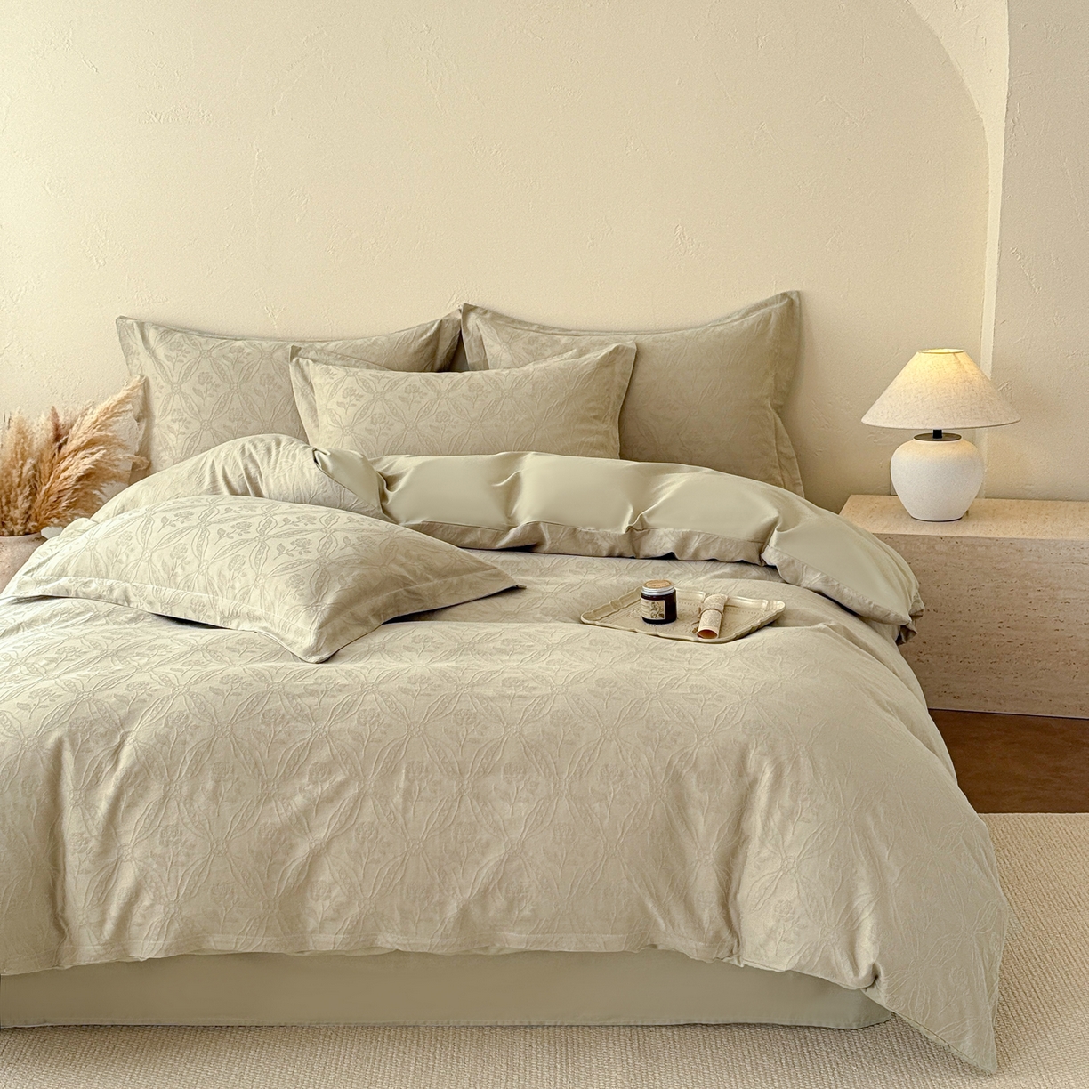 91家纺网 家纺一手货源 找家纺 慕尚家纺 2026新款A类60支长绒棉纯棉提花贡缎大提花光泽绸缎感四件套 玫瑰花绿