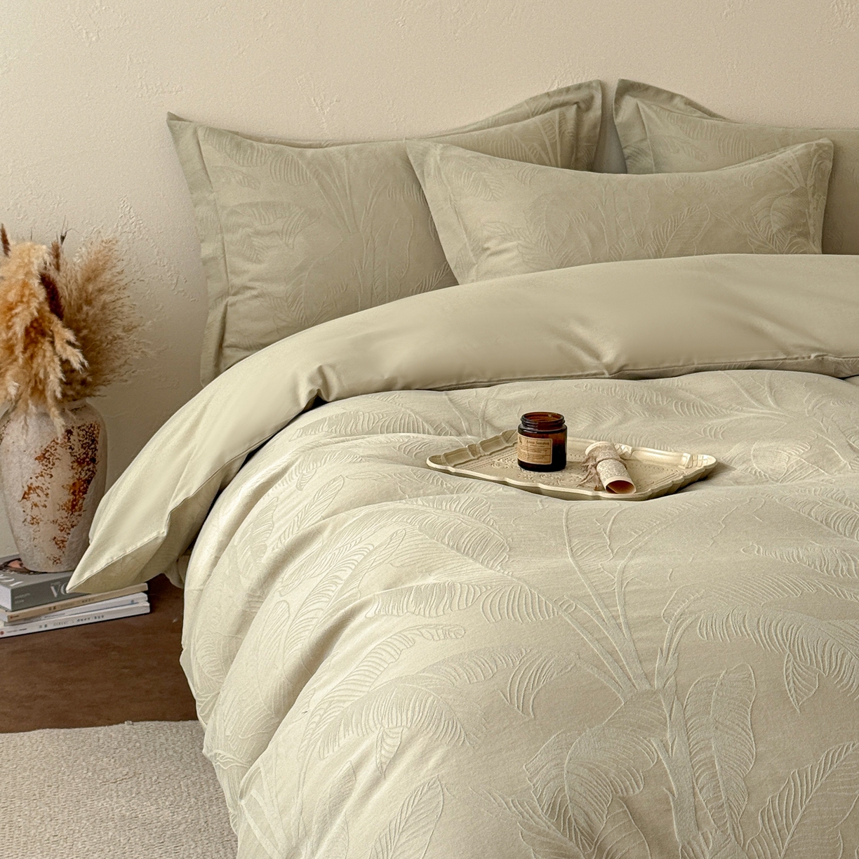 91家纺网 家纺一手货源 找家纺 慕尚家纺 2026新款A类60支长绒棉纯棉提花贡缎大提花光泽绸缎感四件套 树叶绿