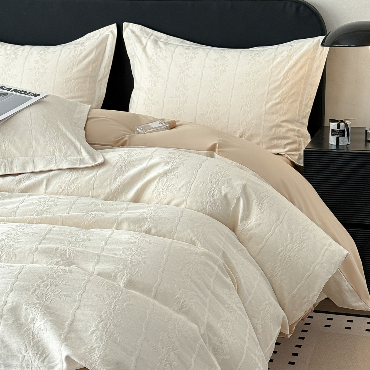 91家纺网 家纺一手货源 找家纺 慕尚家纺 2026新款A类60支长绒棉纯棉提花贡缎大提花光泽绸缎感四件套 花蔓米