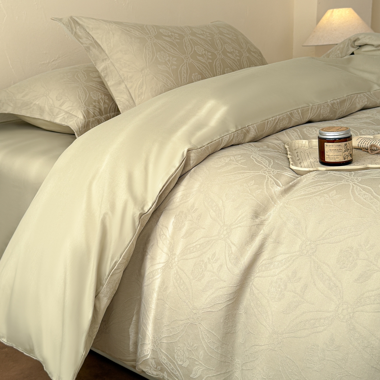 91家纺网 家纺一手货源 找家纺 慕尚家纺 2026新款A类60支长绒棉纯棉提花贡缎大提花光泽绸缎感四件套 玫瑰花绿