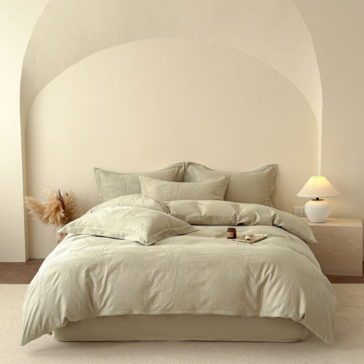 91家纺网 家纺一手货源 找家纺 慕尚家纺 2026新款A类60支长绒棉纯棉提花贡缎大提花光泽绸缎感四件套 树叶绿