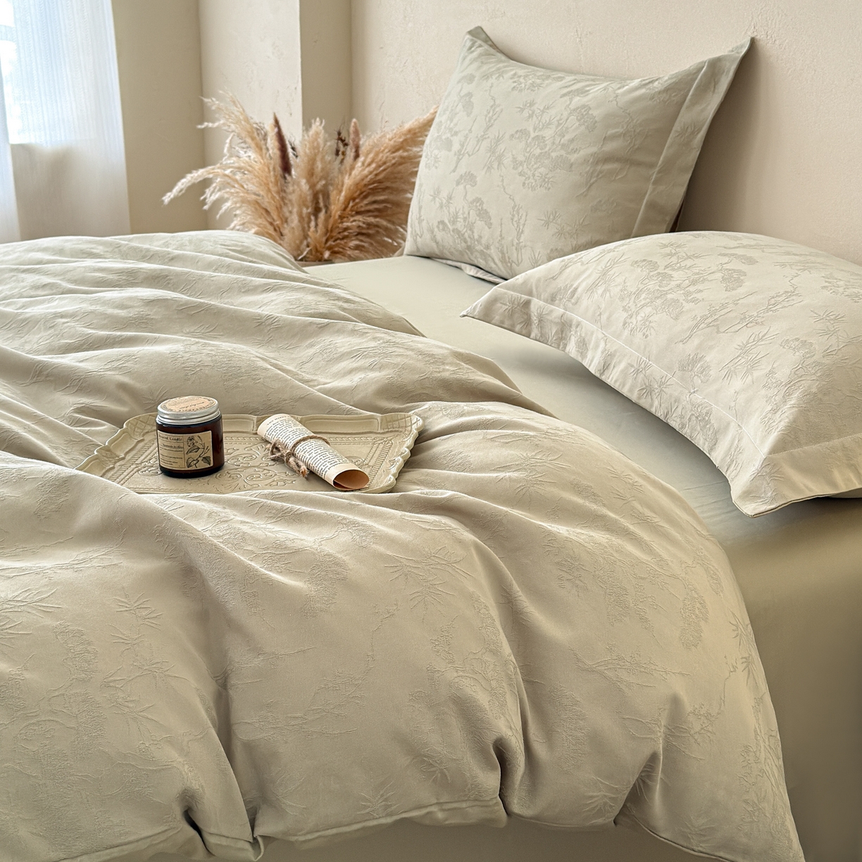 91家纺网 家纺一手货源 找家纺 慕尚家纺 2026新款A类60支长绒棉纯棉提花贡缎大提花光泽绸缎感四件套 花非花绿